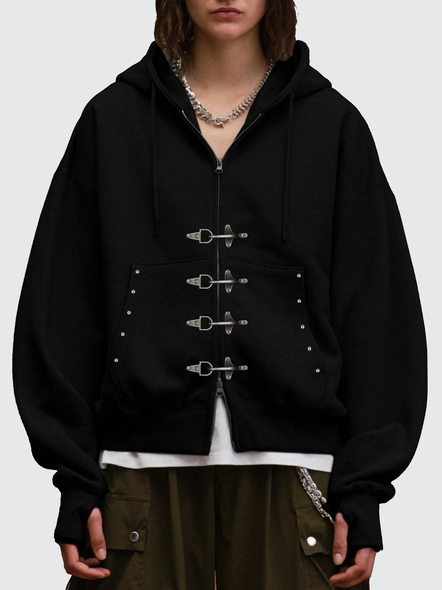 FLAIR genius セットアップ ファイヤーマンウェイトダブルジップフーディー スウェットワイドスタッズパンツ