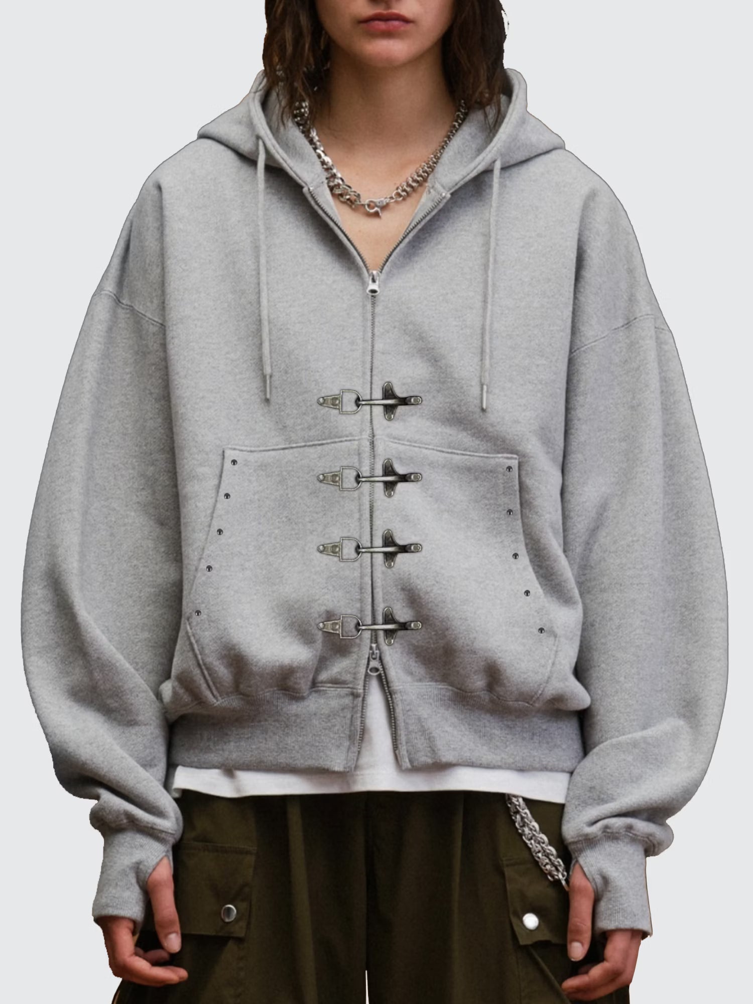 FLAIR genius セットアップ ファイヤーマンウェイトダブルジップフーディー スウェットワイドスタッズパンツ