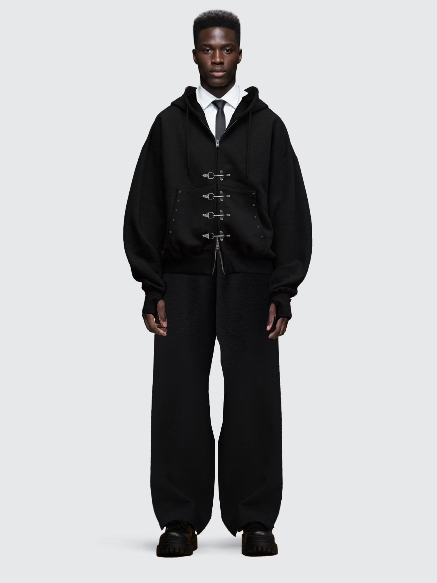 FLAIR genius セットアップ ファイヤーマンウェイトダブルジップフーディー スウェットワイドスタッズパンツ