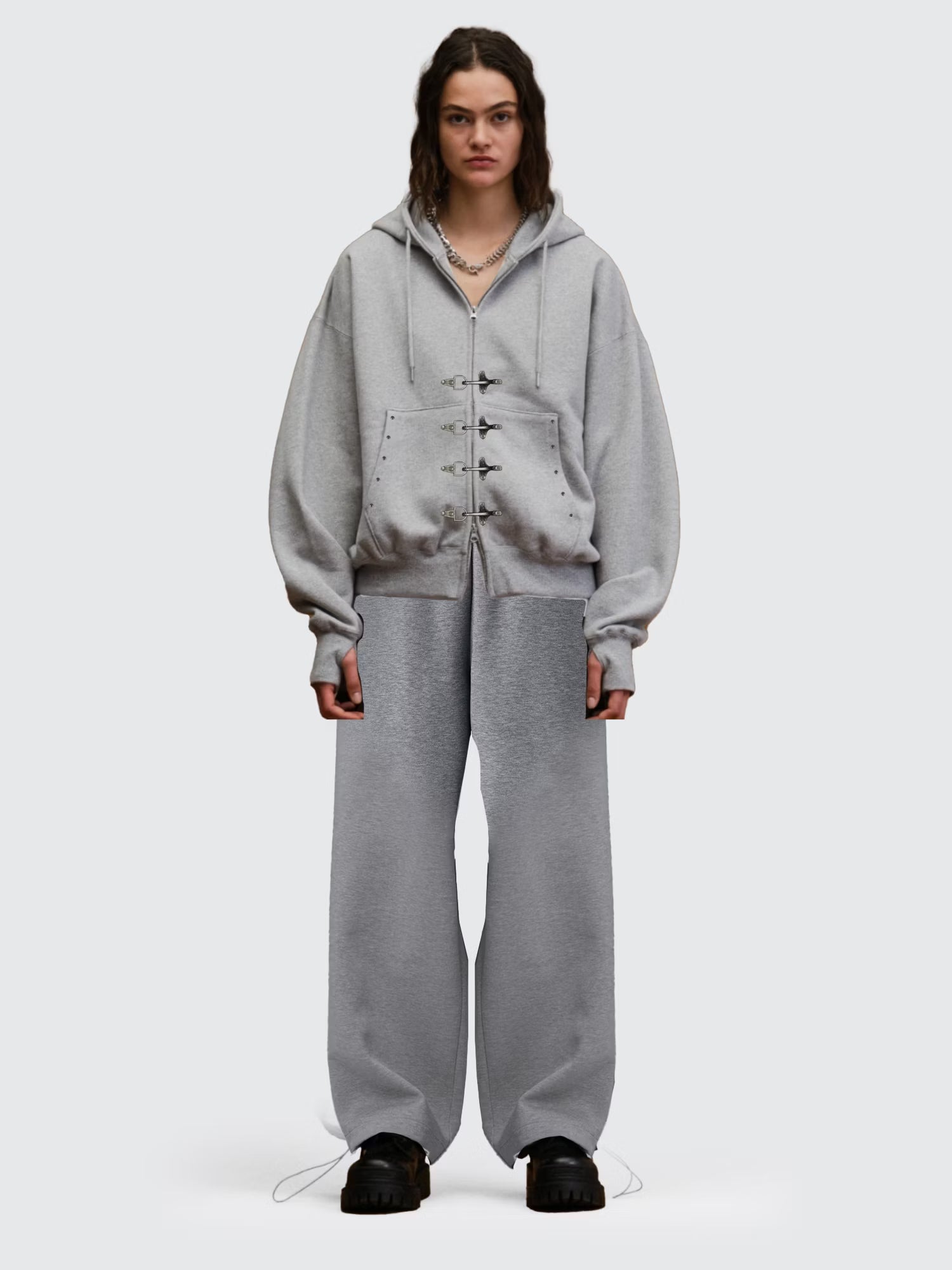 FLAIR genius セットアップ ファイヤーマンウェイトダブルジップフーディー スウェットワイドスタッズパンツ